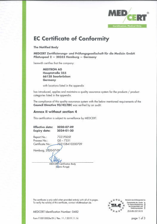 EG-Konformitätsbescheinigung der MEDTRON AG ausgestellt durch die MEDCERT