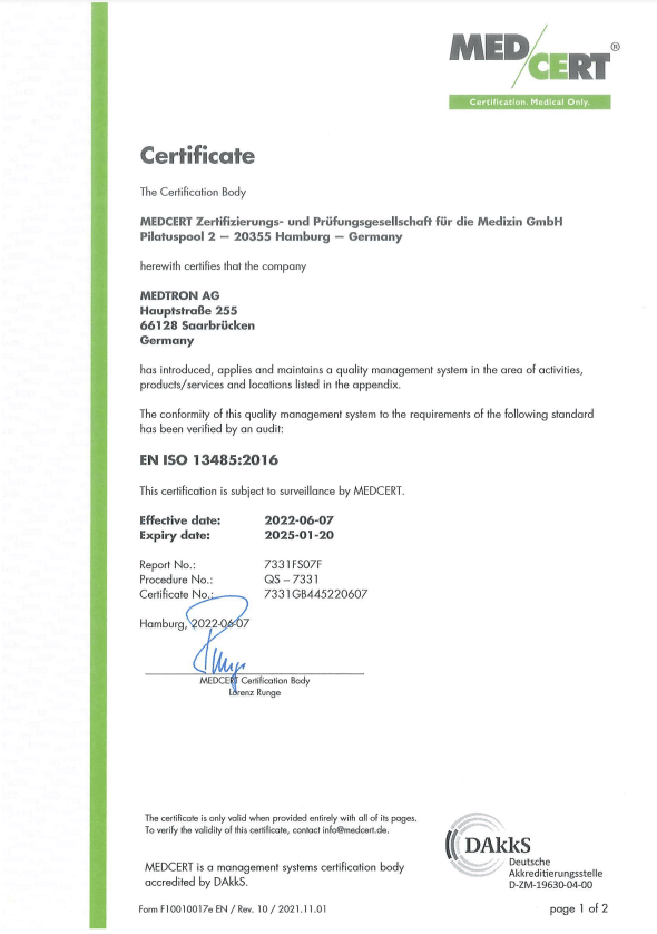 Zertifikat Norm EN ISO 13485:2016 der MEDTRON AG ausgestellt durch die MEDCERT